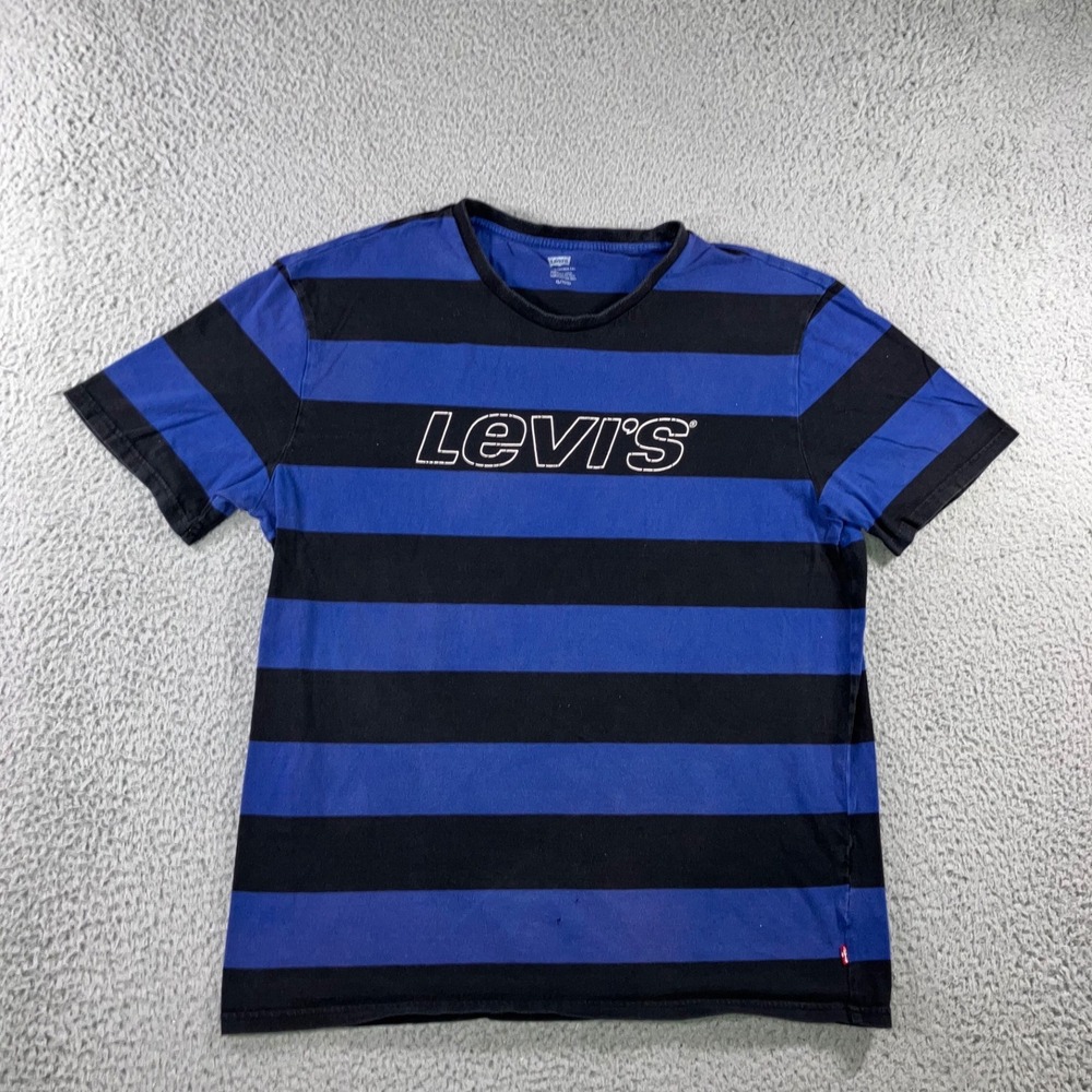 Levis T-Shirt Men XL Blue Black Striped Logo 90s Gorpcore Street Grunge Skater